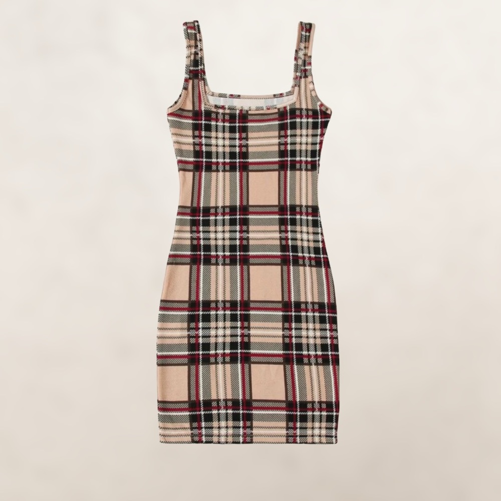 SHEIN Double Square Neck Plaid Bodycon Dress